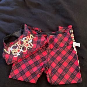 NWT VS Sport 7/8 Leggings and Bra - red and black plaid, good logo text.